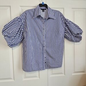 Ashley Stewart striped puff sleeve poplin blouse